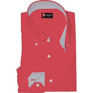 Camicia Uomo 2 Bottoni Button Down Slim Popeline Stretch Unito Corallo