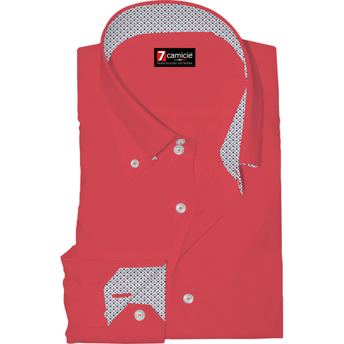 Camicia Uomo 2 Bottoni Button Down Slim Popeline Stretch Unito Corallo