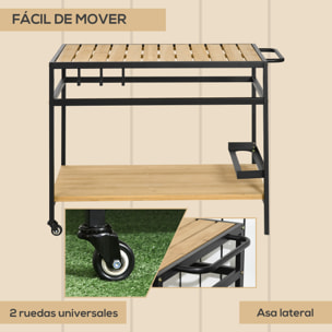 Camarera con Ruedas de Madera Carro de Servicio con Encimera de Listones 2 Estantes 3 Ganchos y Asa para Jardín Terraza Patio 107x65x80 cm Natural