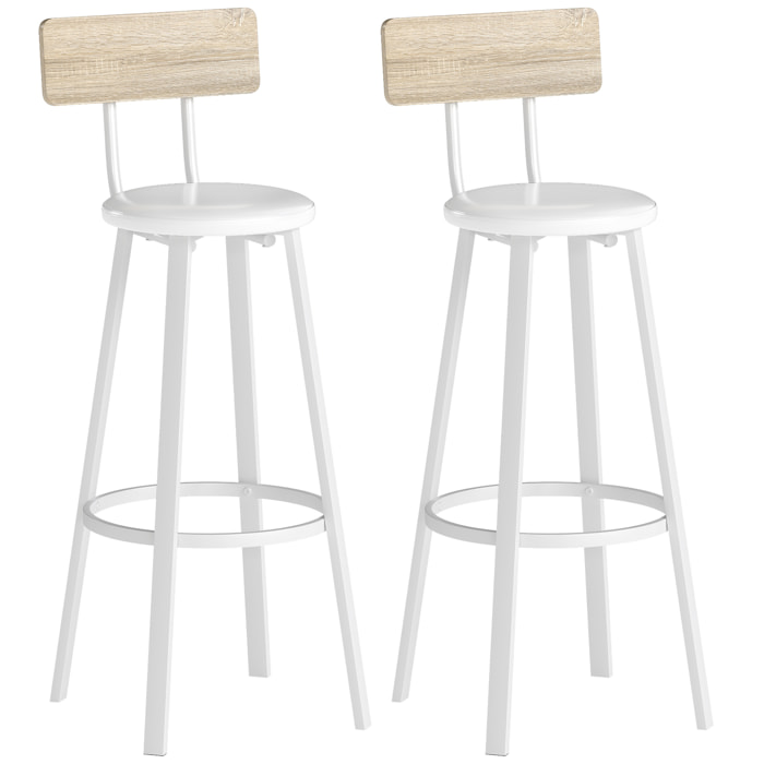 Juego de 2 Taburetes de Bar, Taburetes Altos de Cocina con Respaldo y Reposapiés, Tapizados de PU, Asiento de 75,5 cm de Altura, Fácil Montaje, Estilo Industrial, Natural y Blanco
