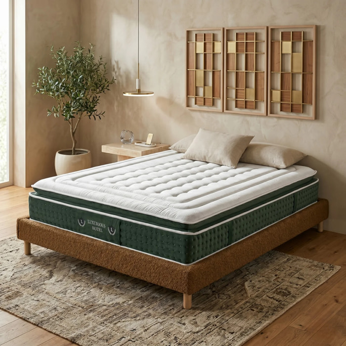 Ensemble matelas Jade & sommier Cancun | Mémoire de forme et ressorts ensachés | Cadre à lattes | Bouclette | Camel