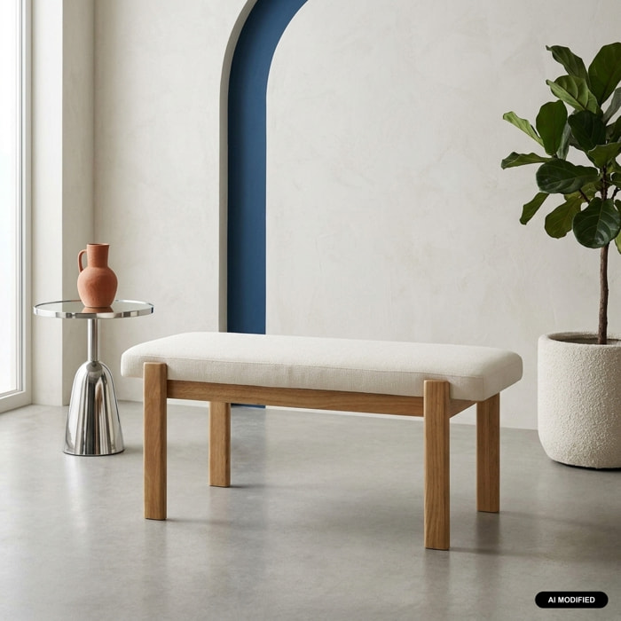 Banc, bout de lit bois d'hévéa teinte naturelle et tissu texturé NOMA