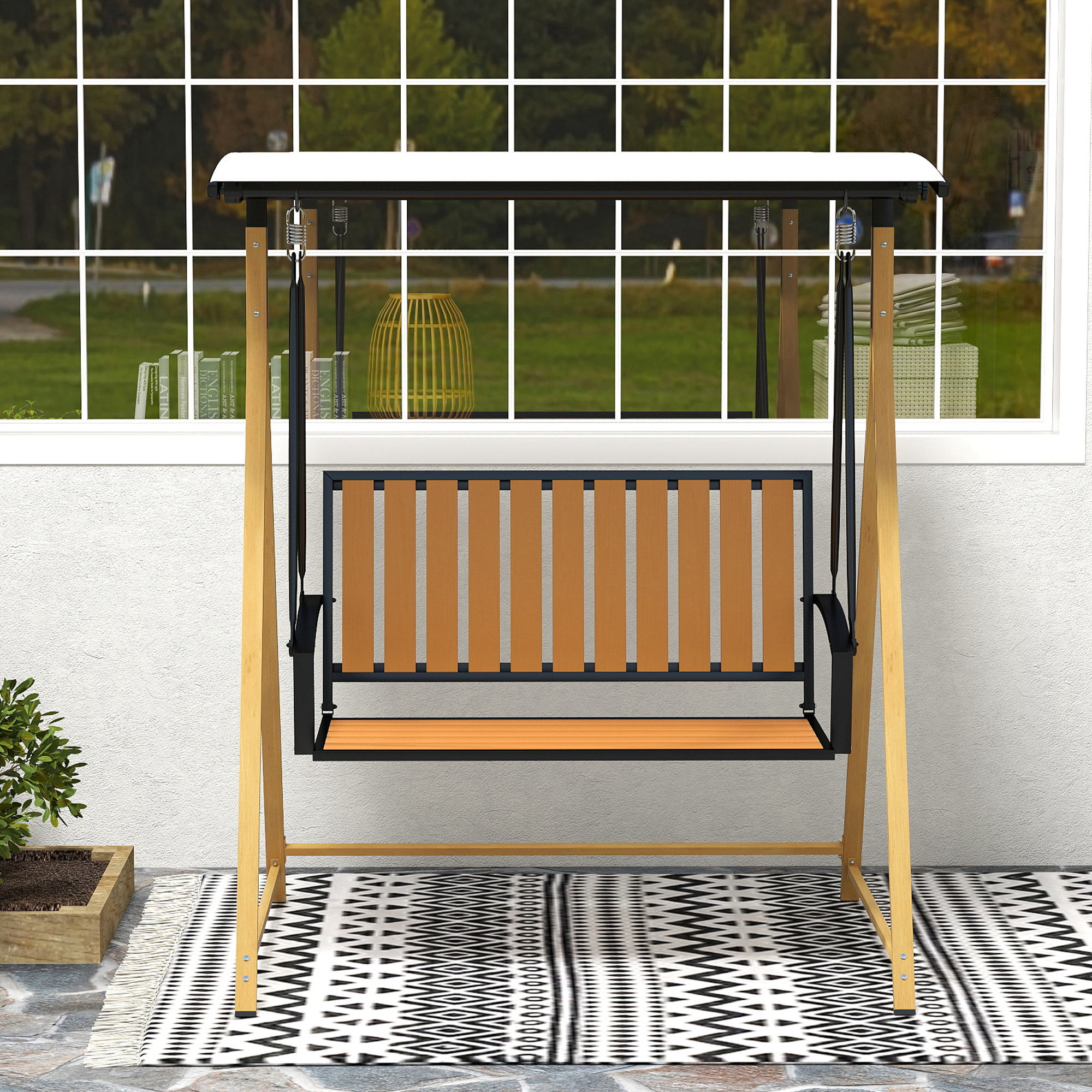 Columpio de Jardín Exterior de 2 Plazas Grano de Madera Balancín de Jardín Exterior con Toldo Ajustable y Estructura de Metal Carga 240 kg 142x112x162 cm Natural y Beige