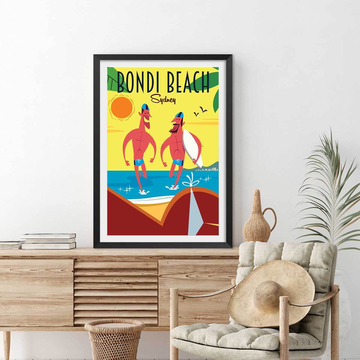 Affiche Surf à Bondi Beach Affiche + cadre en bois - Noir