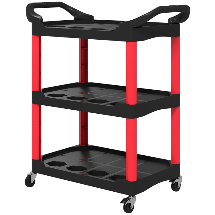 Servante chariot à outils 3 niveaux 12 espaces 2 poignées latérales max. 91 Kg plastique rouge noir