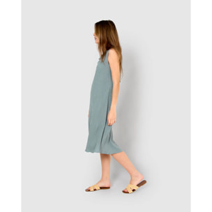 Vestido midi cuello drapeado algodón lino verde azulado