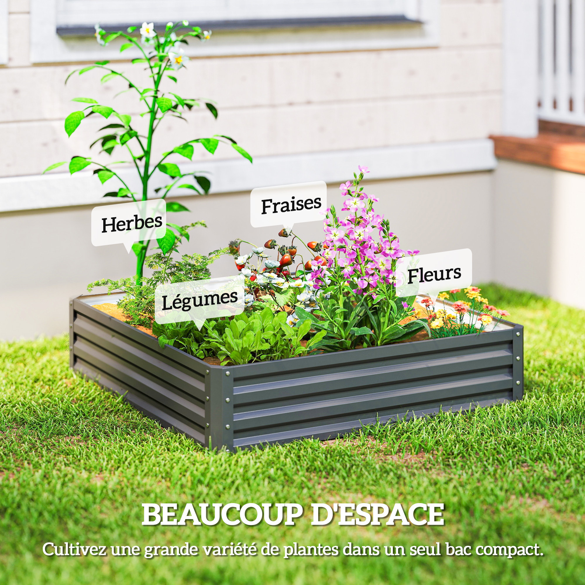Carré potager de jardin dim. 120L x 120l x 30H cm tôle d'acier ondulée gris clair
