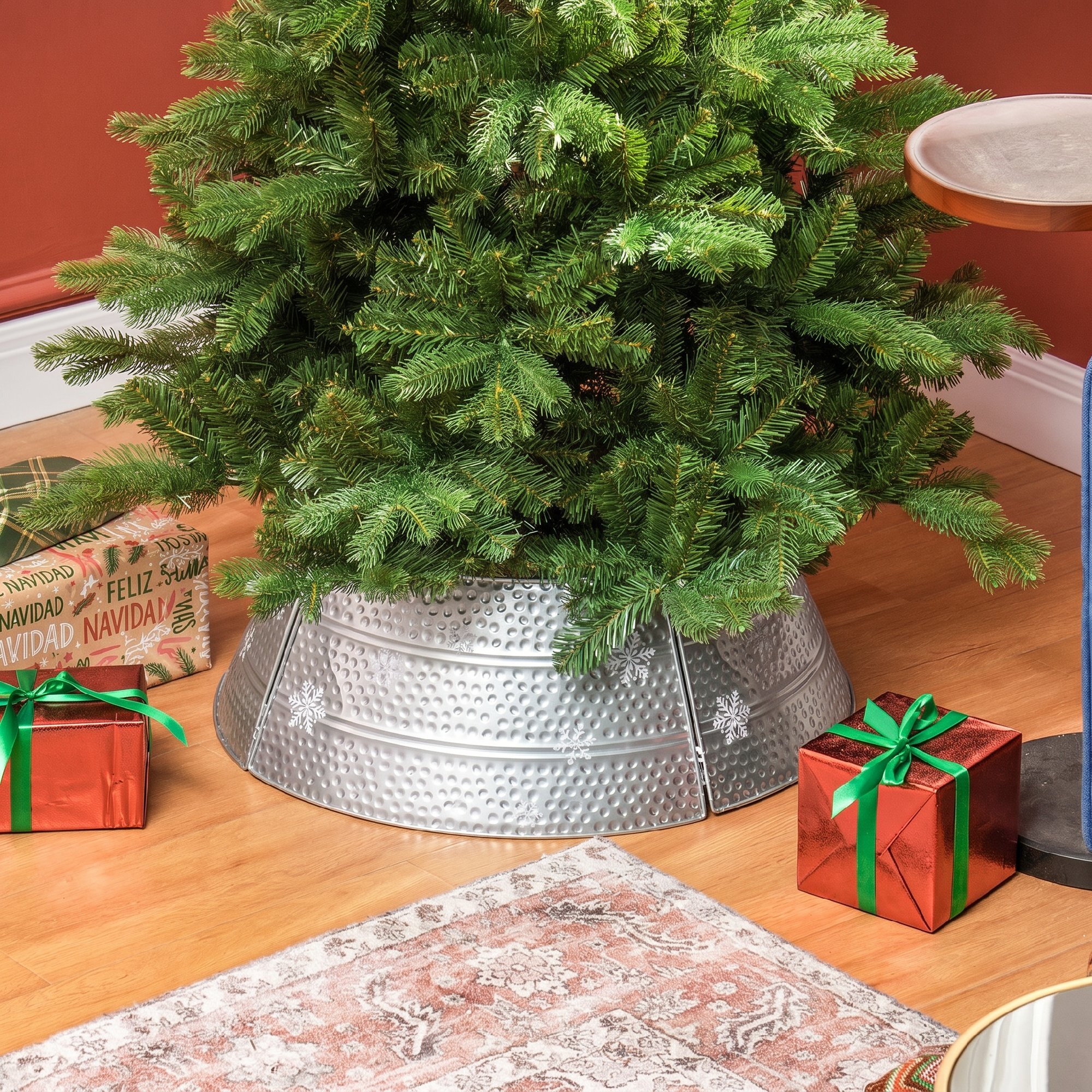 HOMCOM Collar para Árbol de Navidad, Falda para Árbol de Navidad de Metal, Impermeable, Decoración para para Fiestas, Hogar, 66x66x23 cm, Plateado