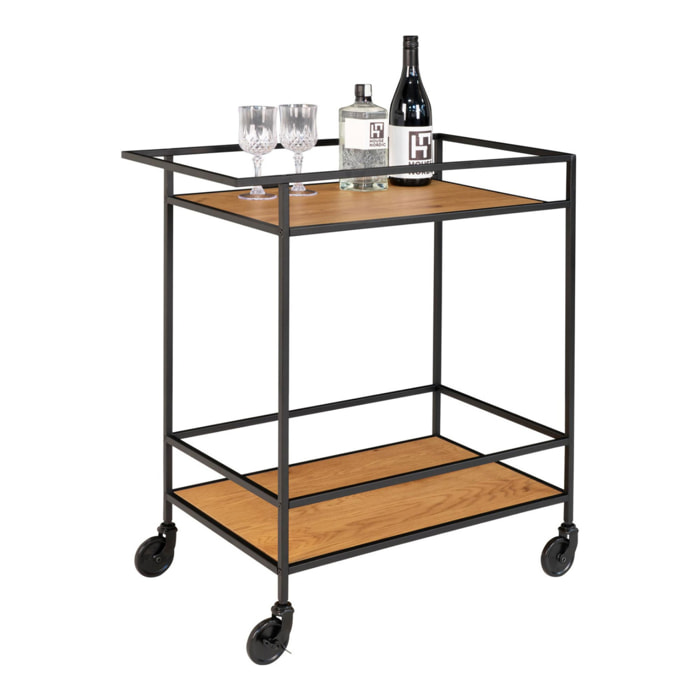 Carrello bar Vita a 2 ripiani effetto rovere con struttura in acciaio nero, 68×40×79 cm