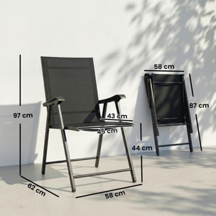 Pack de 4 Sillas de Camping Plegables, Sillas de Jardín Exterior con Respaldo Alto y Reposabrazos, Tela Textilene Transpirable y Marco de Acero para Terraza, Playa, 58x62x97 cm, Negro