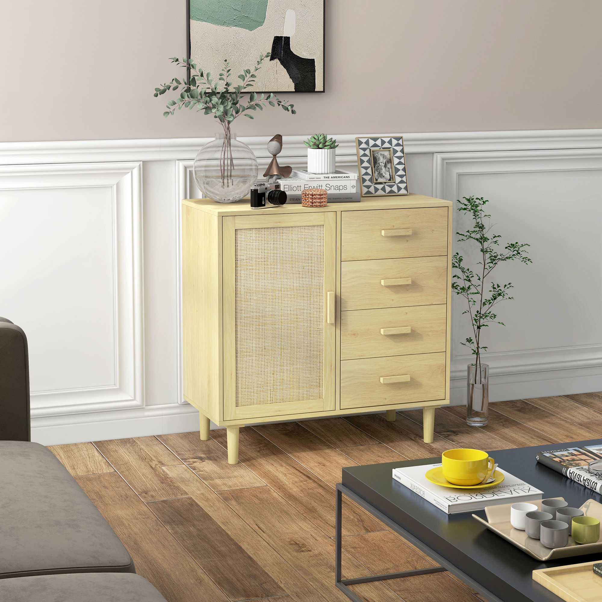 Buffet cannage rotin style naturel - porte, étagère, 4 tiroirs - dim. 80 x 38 x 80,5 cm - effet bois clair