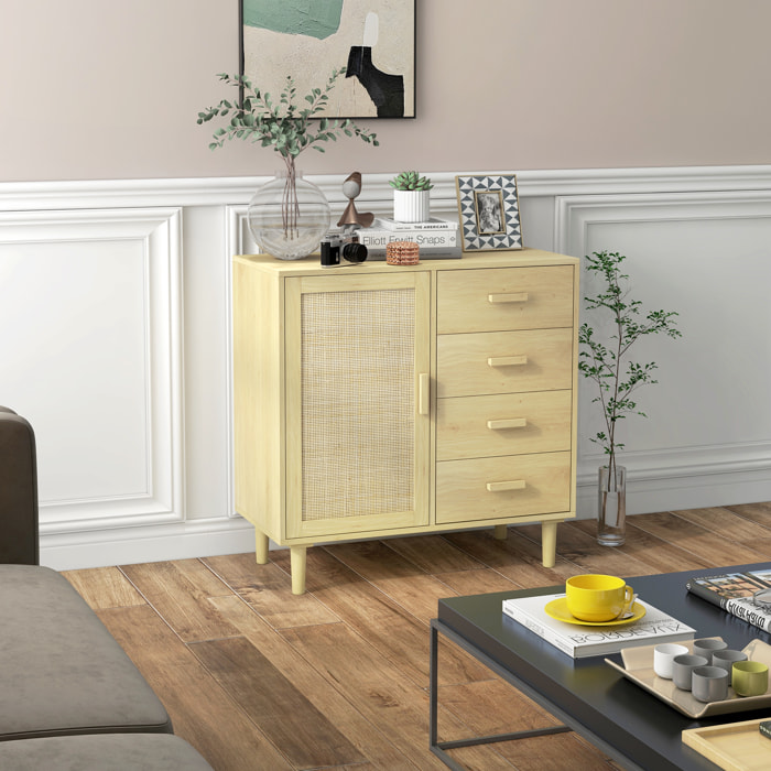 Buffet cannage rotin style naturel - porte, étagère, 4 tiroirs - dim. 80 x 38 x 80,5 cm - effet bois clair