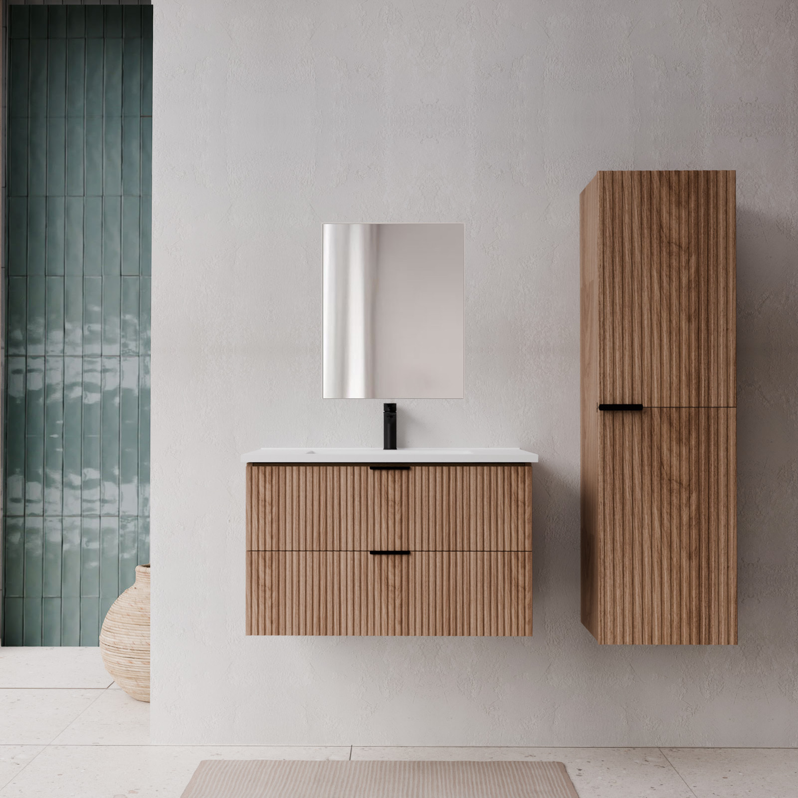 Pack Meuble salle de bain 80cm et Colonne de rangement - Façades Ondulées Décor Bois - MILO