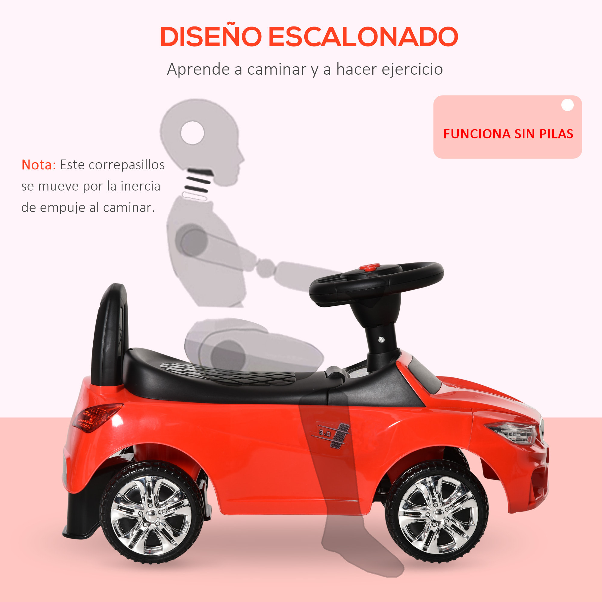 Coche Correpasillos para Niños 18-36 Meses con Faros Música 63,5x28x36 cm Rojo