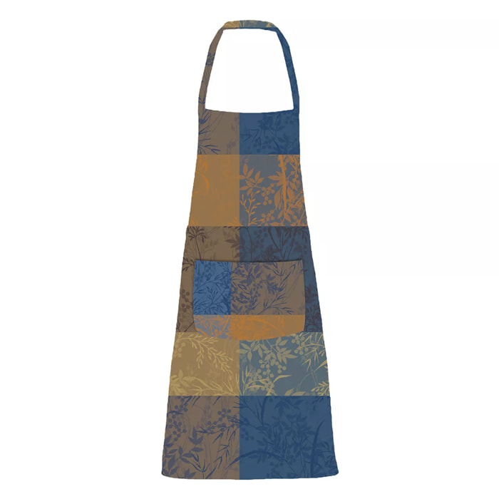 Tablier pur coton enduit 220 g/m² motif jacquard bleu brun Mille branchages crepuscule