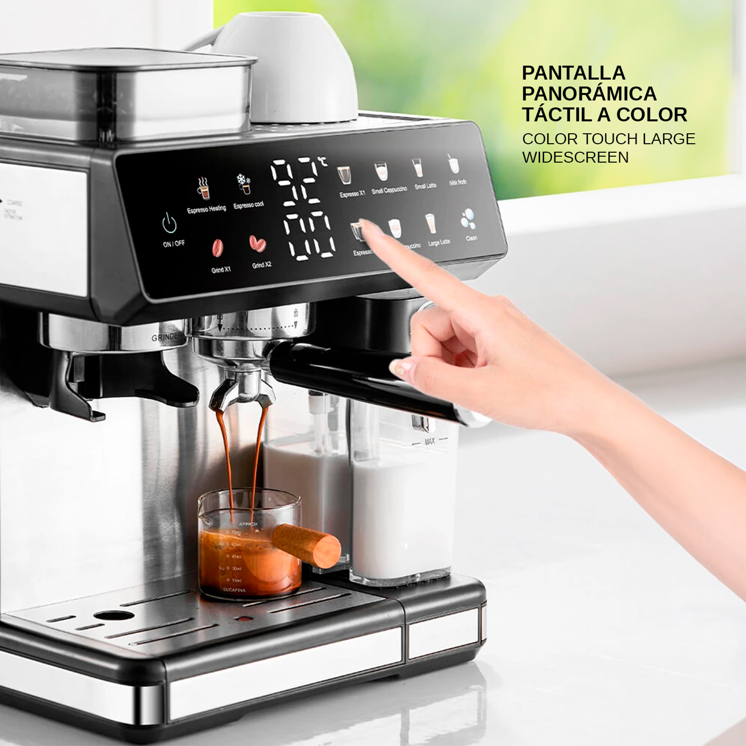 Cafetera de 1350W con 20 niveles de molido y sistema dual para café frío o caliente. Pantalla táctil, varilla de vapor, 20 bar de presión y tanque de 2,7 L.