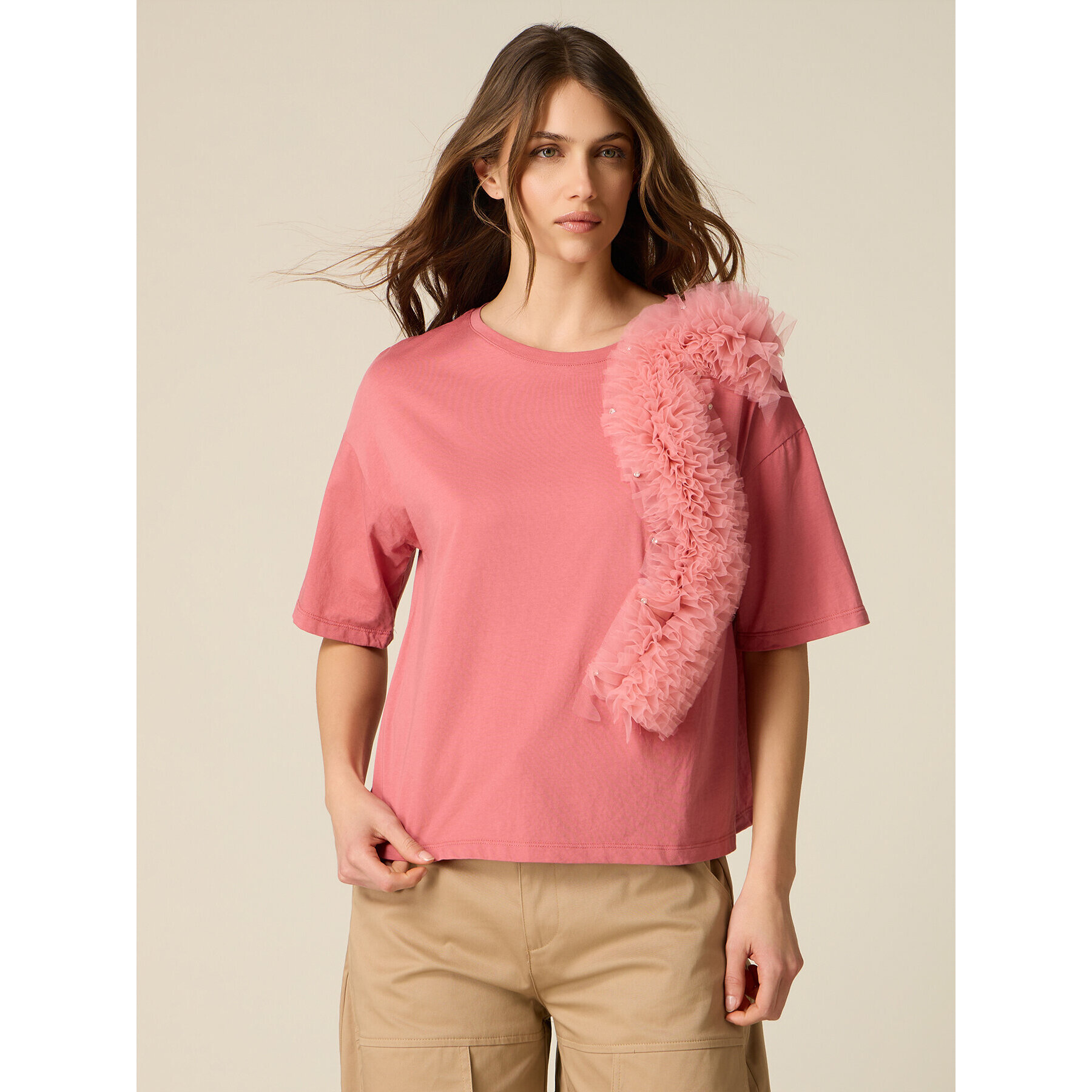 Oltre - T-shirt con applicazione in tulle - Rosa