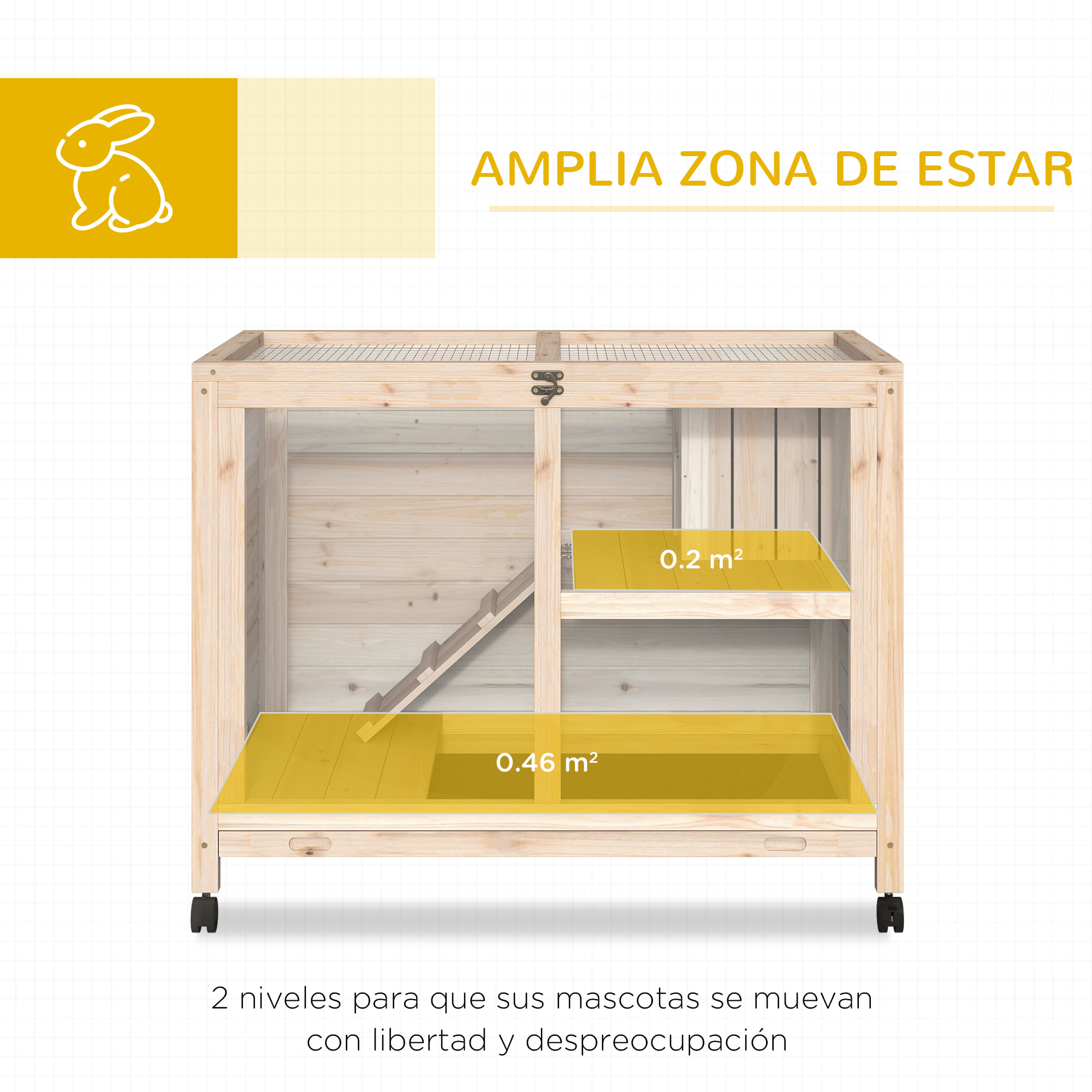 Conejera de Madera con Ruedas 91,5x53,3x73 cm Jaula para Conejos de 2 Niveles con Techo Abatible Bandeja Extraíble y Rampa Natural