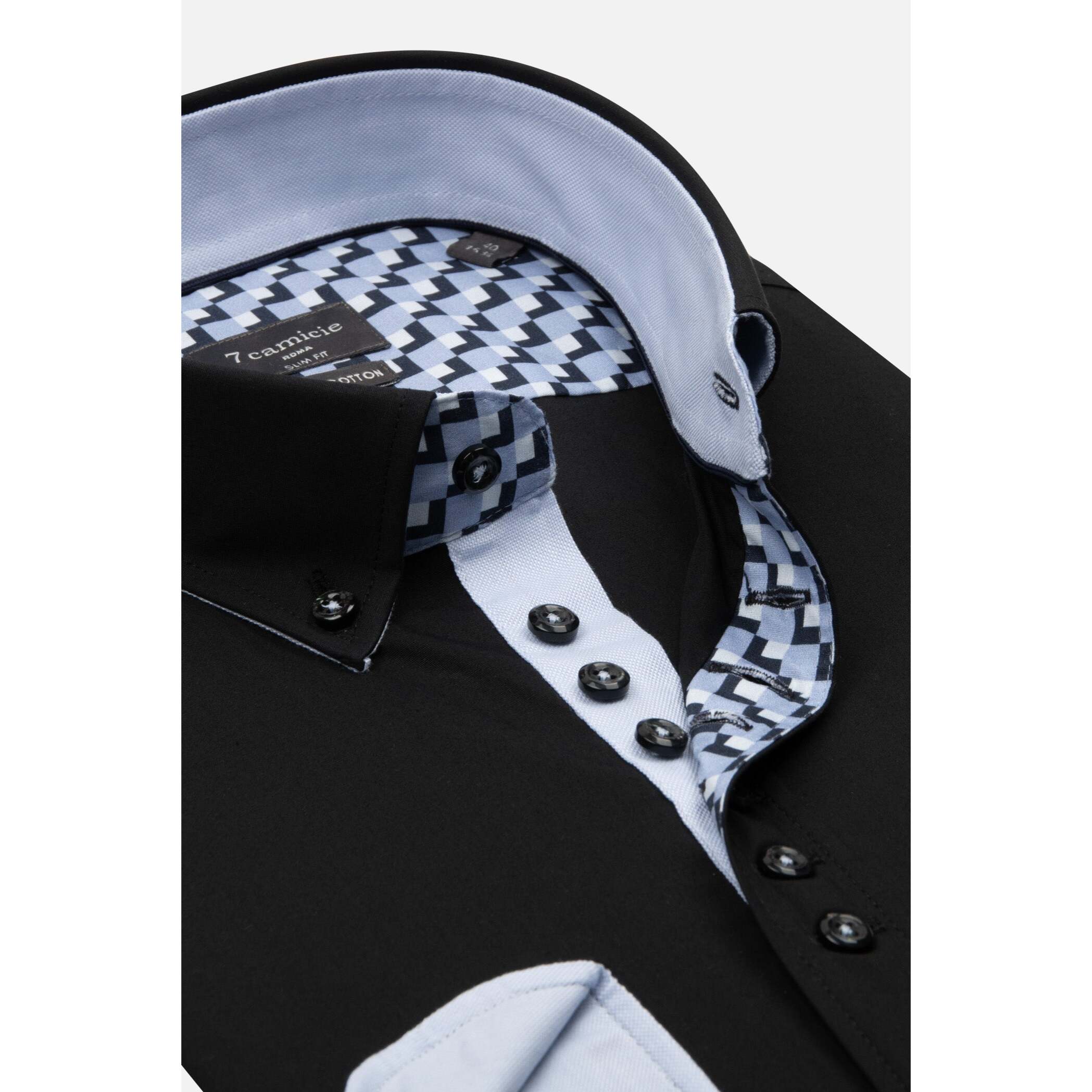 Camicia Uomo 1 Bottoni Button Down Slim Popeline Stretch Unito Nero