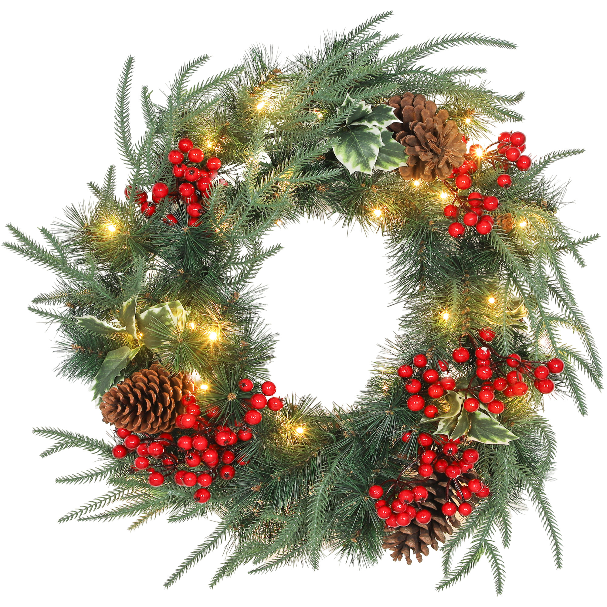 Couronne de Noël LED x 35 blanc chaud dia. 60 cm timer pommes de pin baies rouges feuilles houx