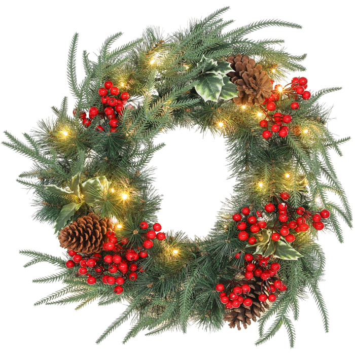 Couronne de Noël LED x 35 blanc chaud dia. 60 cm timer pommes de pin baies rouges feuilles houx