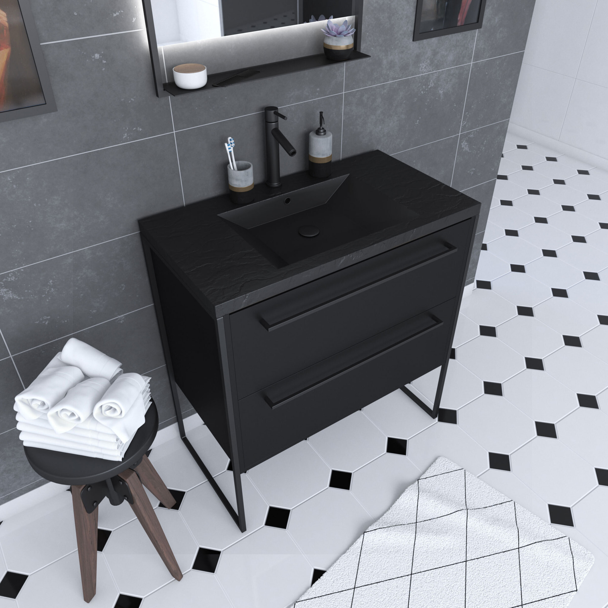 Meuble de salle de bain 80x50cm - 2 tiroirs - vasque résine noire effet pierre - STRUCTURA F051