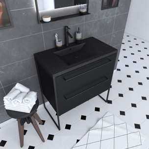 Meuble de salle de bain 80x50cm - 2 tiroirs - vasque résine noire effet pierre - STRUCTURA F051
