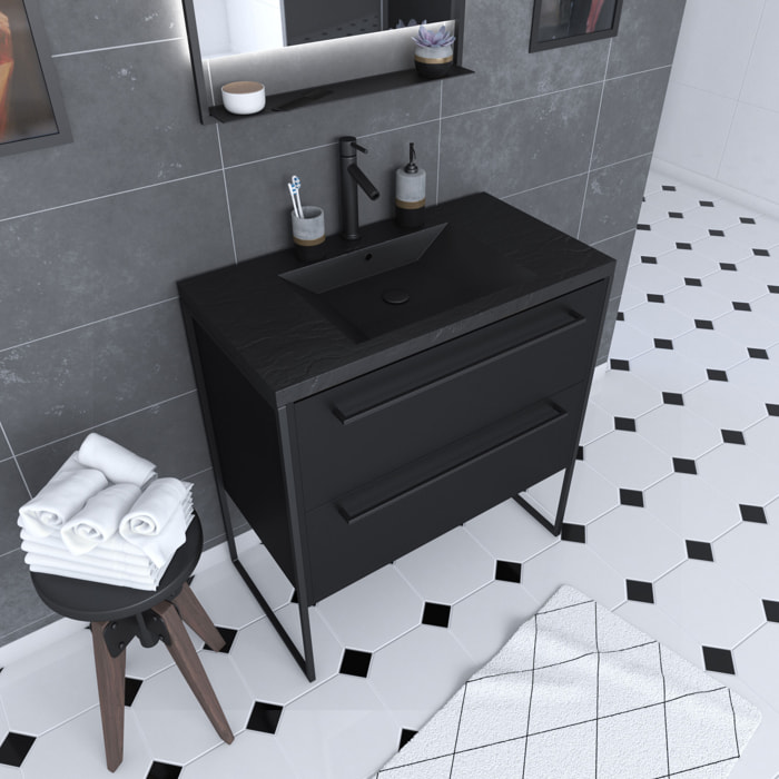 Meuble de salle de bain 80x50cm - 2 tiroirs - vasque résine noire effet pierre - STRUCTURA F051