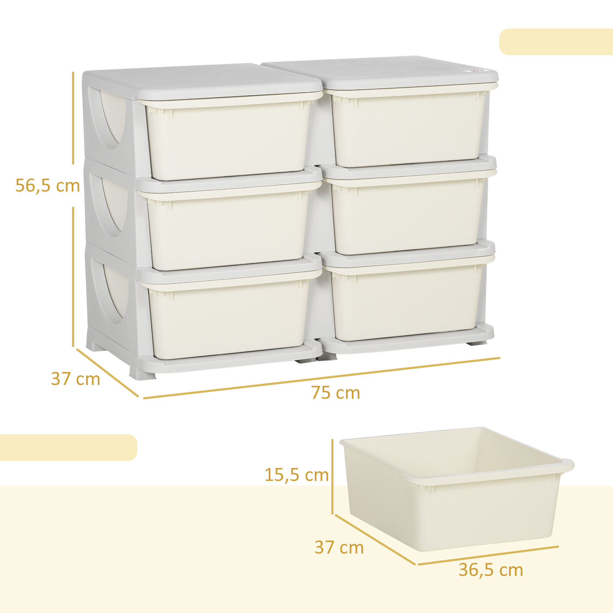 Organisateur de jouets enfant 6 tiroirs 3 niveaux gris clair crème