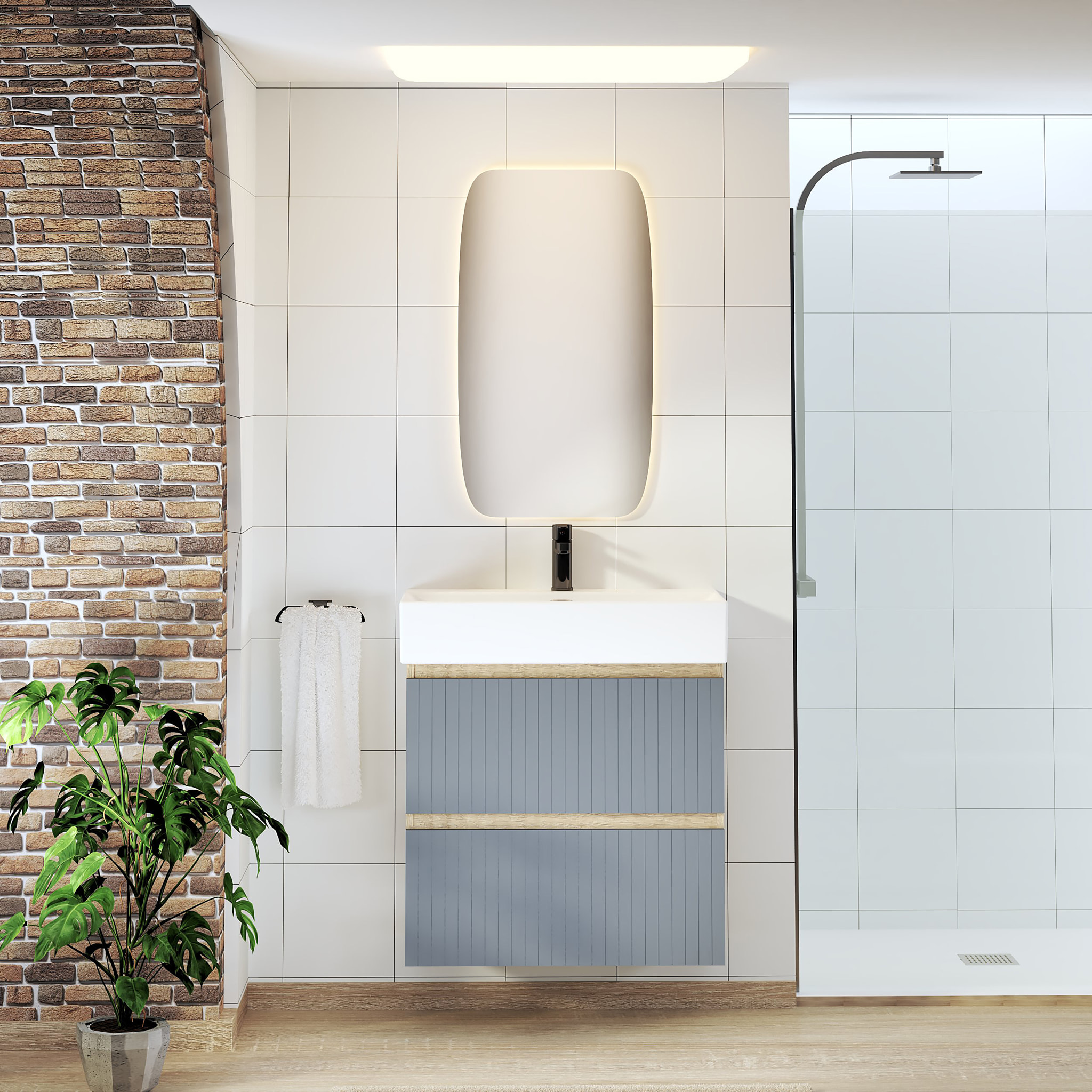 Conjunto de Baño Zel | Mueble Suspendido | 70 cm Azul | Dos Cajones | Lavabo Encastrado | No incluye Espejo | Mueble Montado| Alday