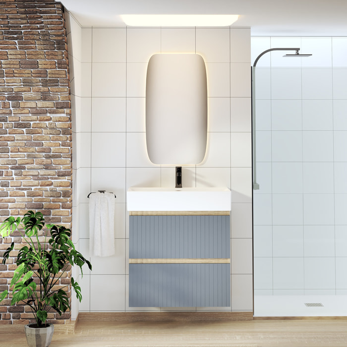 Conjunto de Baño Zel | Mueble Suspendido | 70 cm Azul | Dos Cajones | Lavabo Encastrado | No incluye Espejo | Mueble Montado| Alday