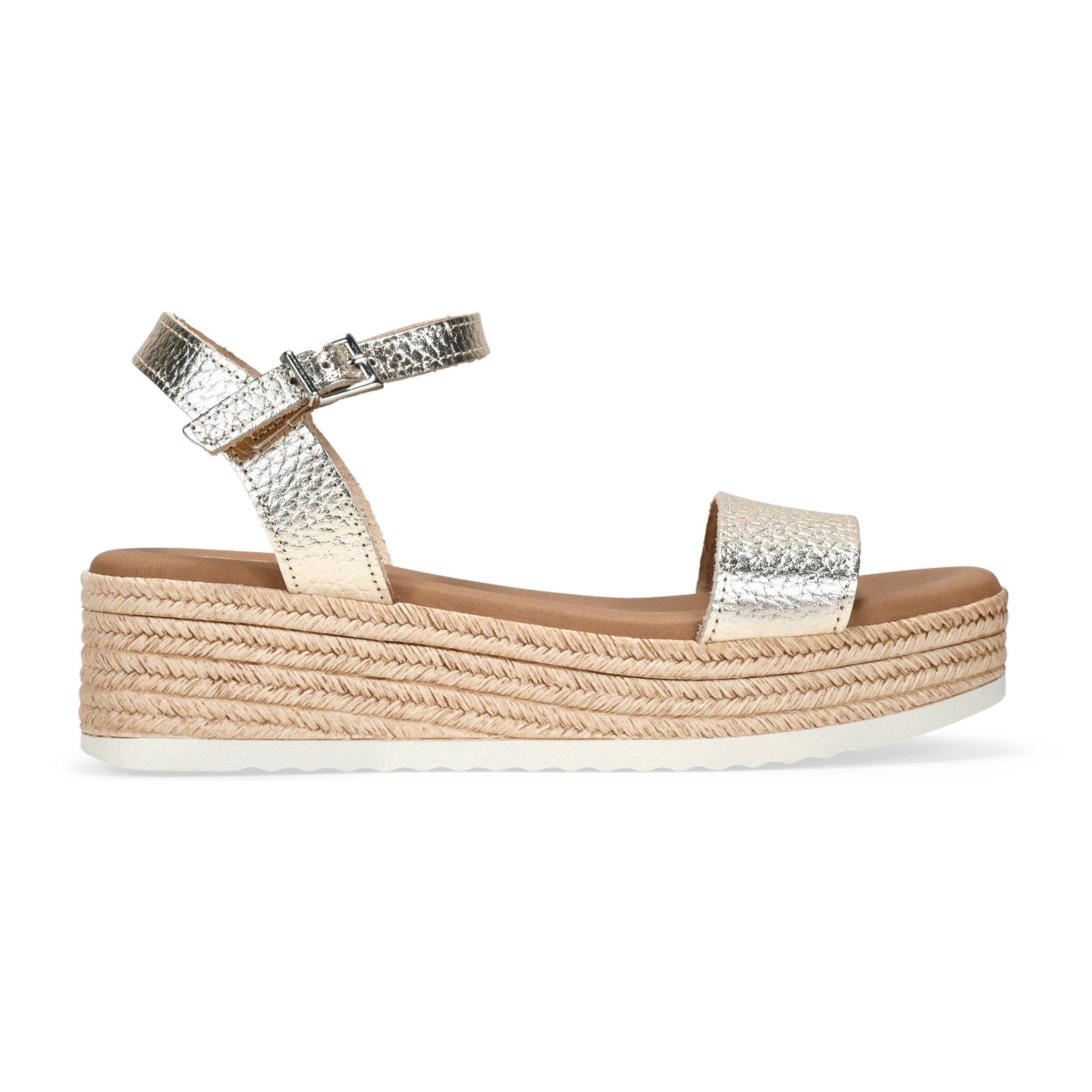 Sandalias doradas en piel con cuña efecto esparto