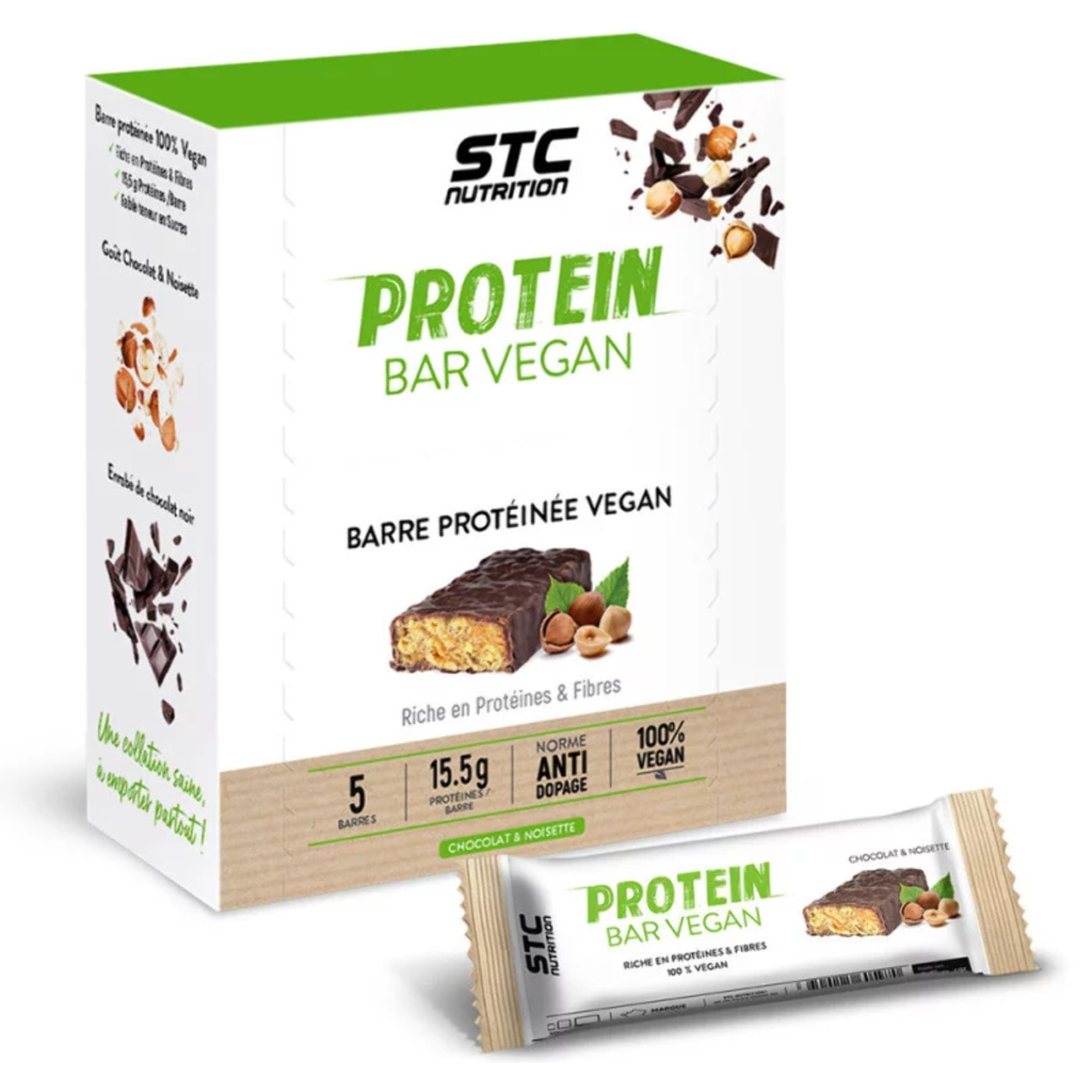 Protein Bar Vegan - Riche en protéines & fibres - Faible teneur en sucres - 100% Vegan - Norme anti-dopage - Saveur chocolat & noisette - Etui 5 barres