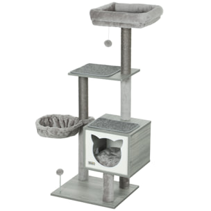 Arbre à chat multi-équipement griffoirs grattoirs niche hamac panier coussins amovibles H126 cm peluche courte sisal naturel gris