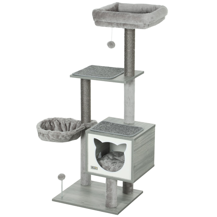 Arbre à chat multi-équipement griffoirs grattoirs niche hamac panier coussins amovibles H126 cm peluche courte sisal naturel gris