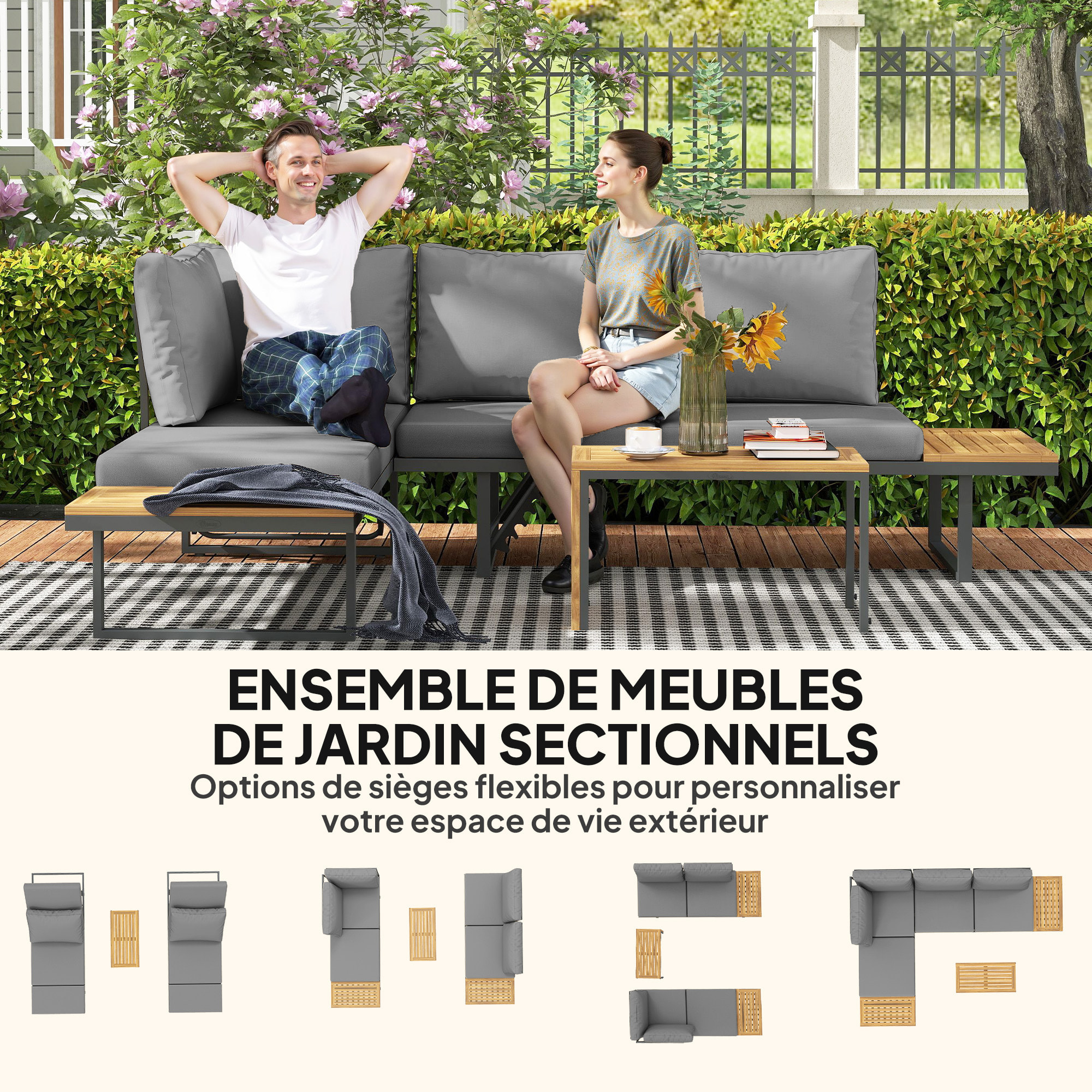 Ensemble salon de jardin 4 places modulable réglable avec table basse acier gris bois d'acacia verni