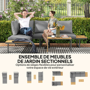 Ensemble salon de jardin 4 places modulable réglable avec table basse acier gris bois d'acacia verni