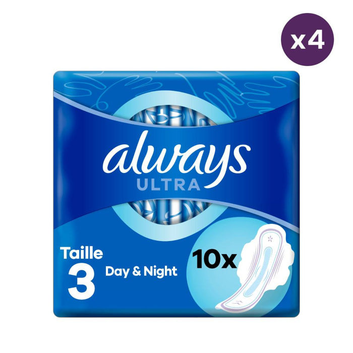 4x10 Serviettes Hygiéniques Always Ultra Day & Night - Avec Ailettes