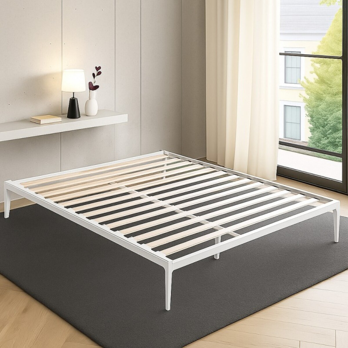 Lit design style industriel blanc à lattes larges