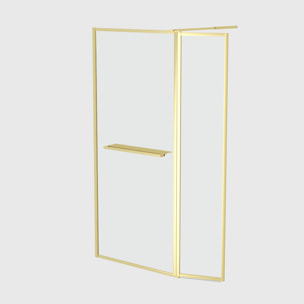 Paroi de Douche avec Volet Pivotant 90+40x200 cm - Porte-serviette + Etagère Finition Or Doré Brossé
