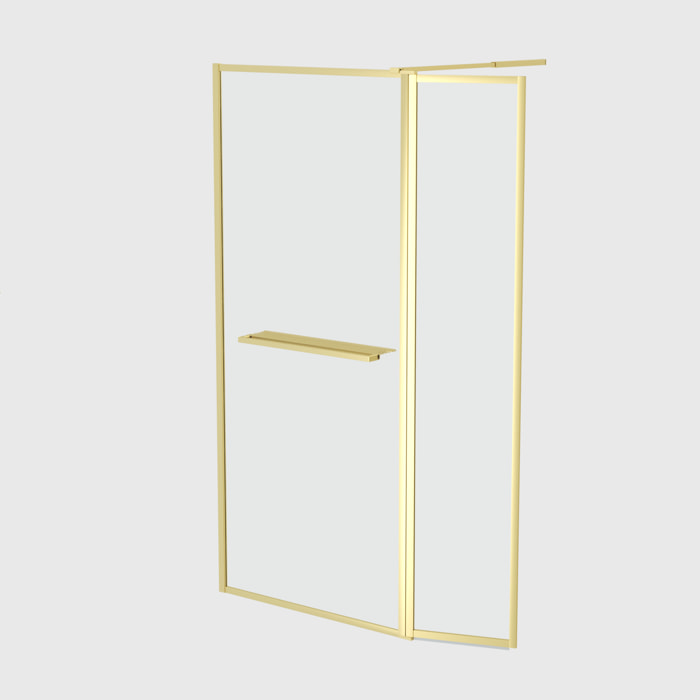 Paroi de Douche avec Volet Pivotant 90+40x200 cm - Porte-serviette + Etagère Finition Or Doré Brossé