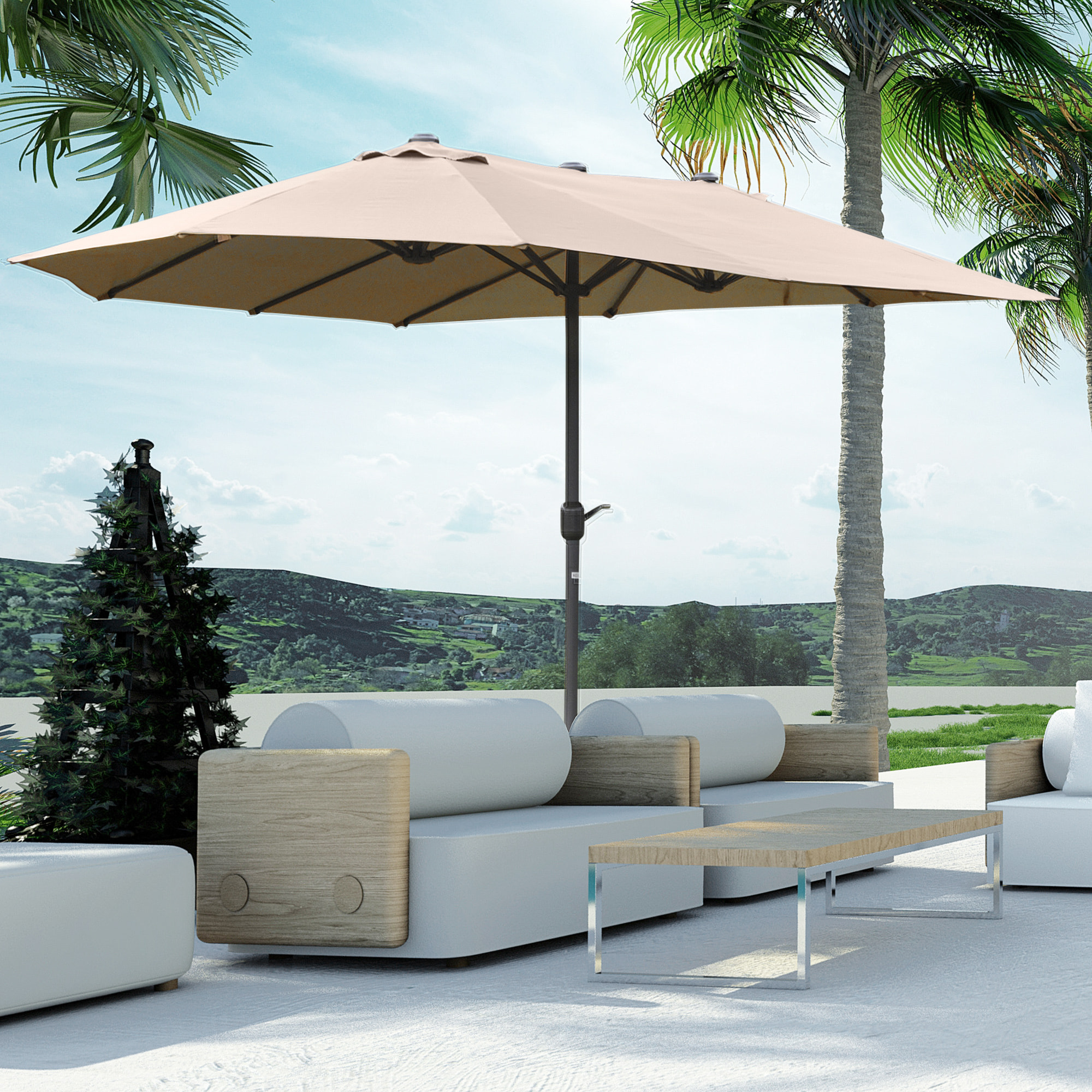 Parasol de jardin XXL dim. 4,6L x 2,7l x 2,4H m ouverture fermeture manivelle pied & contrepoids inclus acier polyester haute densité kaki