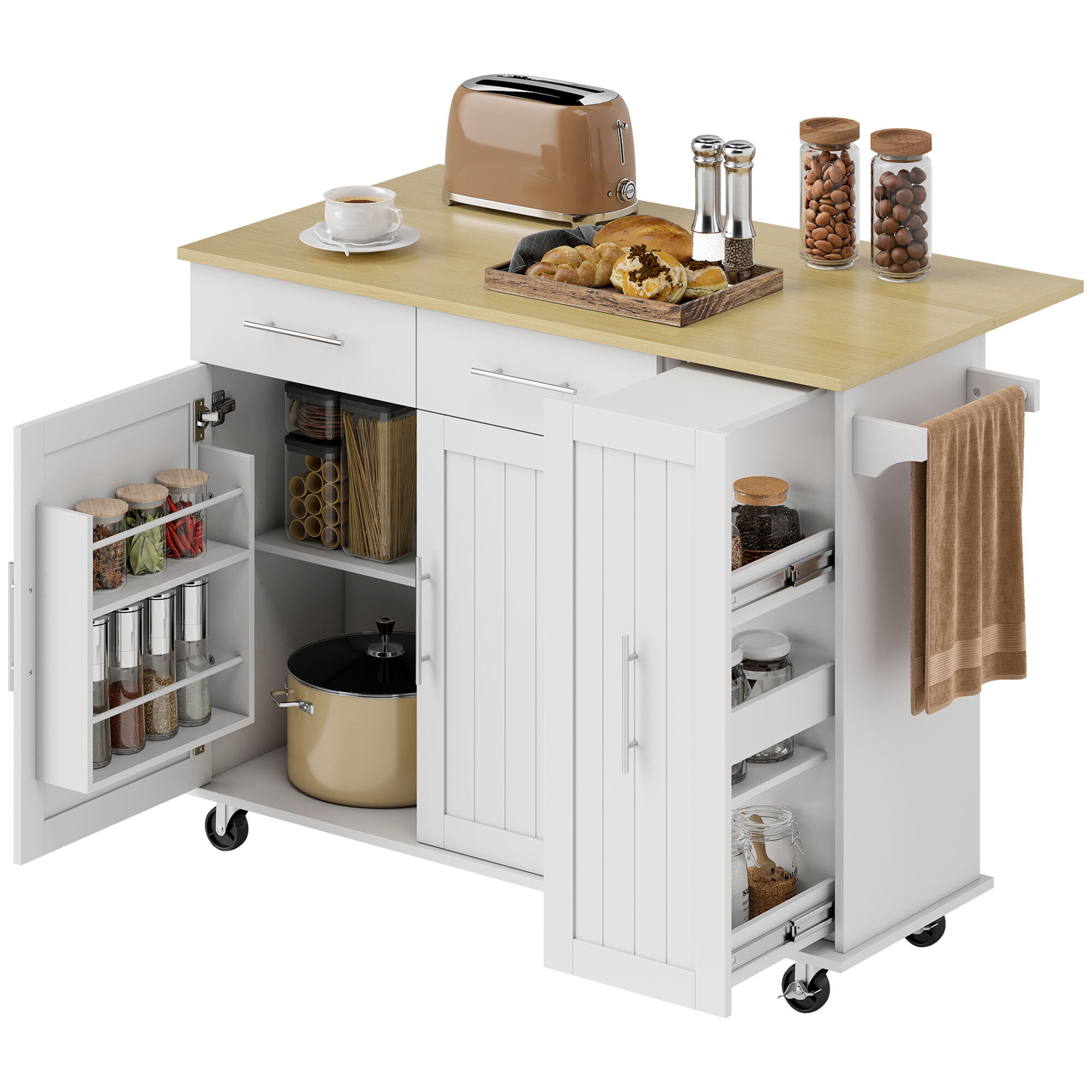 Isla de Cocina con Ruedas, Encimera Plegable, Carro de Cocina con 2 Puertas con Cierre Suave, Bandeja Extraíble de 3 Niveles, 2 Cajones, Barra para Colgar, Blanco