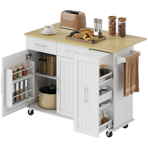 Isla de Cocina con Ruedas, Encimera Plegable, Carro de Cocina con 2 Puertas con Cierre Suave, Bandeja Extraíble de 3 Niveles, 2 Cajones, Barra para Colgar, Blanco