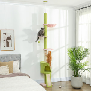 Arbre à chat du sol au plafond réglable H.220-240cm - 5 niveaux - griffoirs, grattoir - bouclette vert