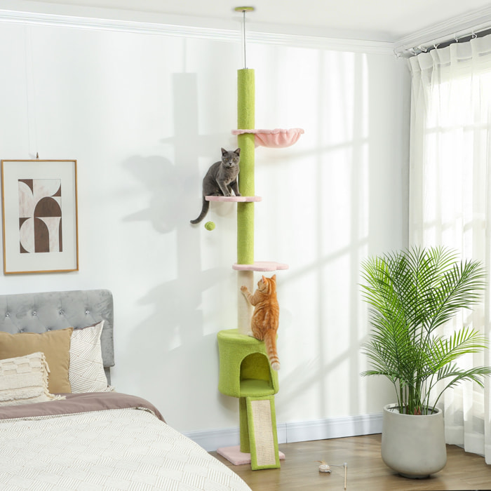 Arbre à chat du sol au plafond réglable H.220-240cm - 5 niveaux - griffoirs, grattoir - bouclette vert