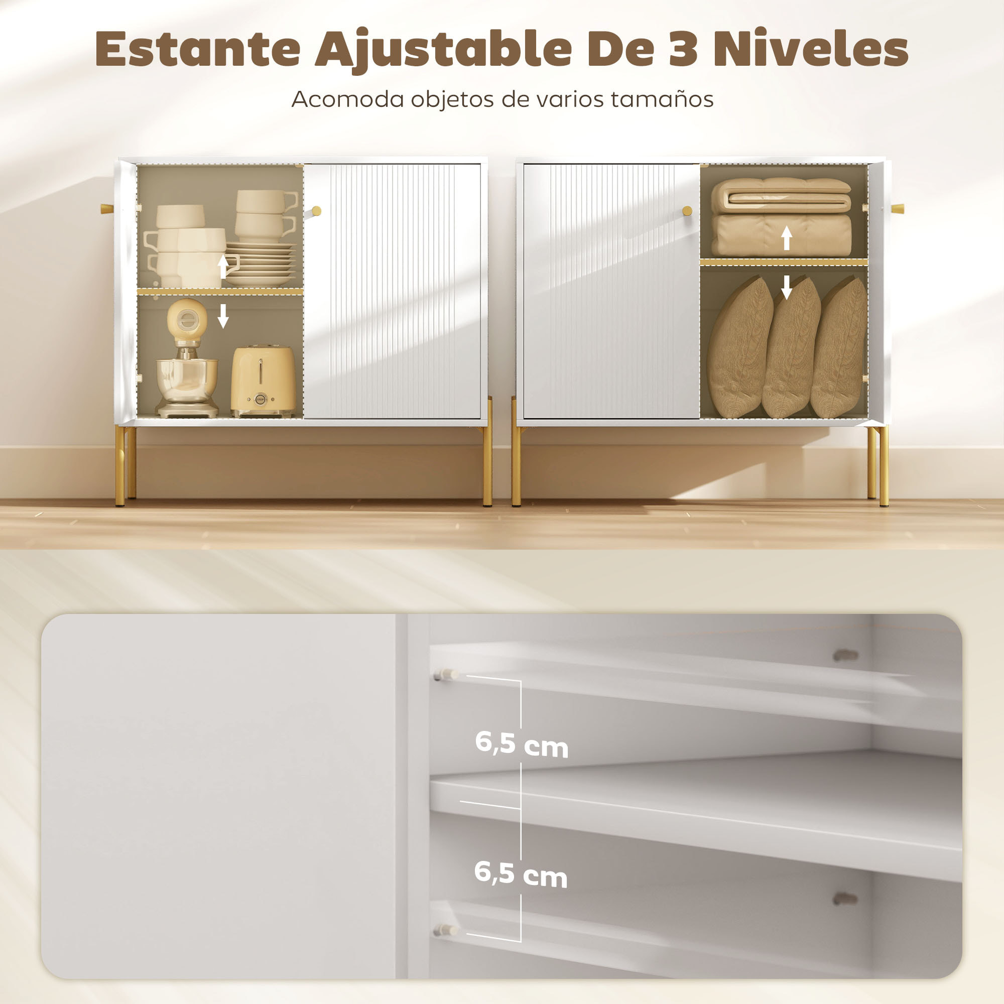 Aparador Moderno de 2 Puertas, Aparador de Salón con Estantes Ajustables, Encimera con Efecto Mármol, Patas de Acero, para Cocina, Entrada, Dormitorio, Blanco, 80x39,1x76 cm