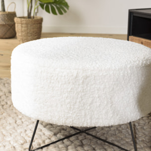 ALBANE - Pouf rond tissu bouclette blanc pieds croisés métal noir