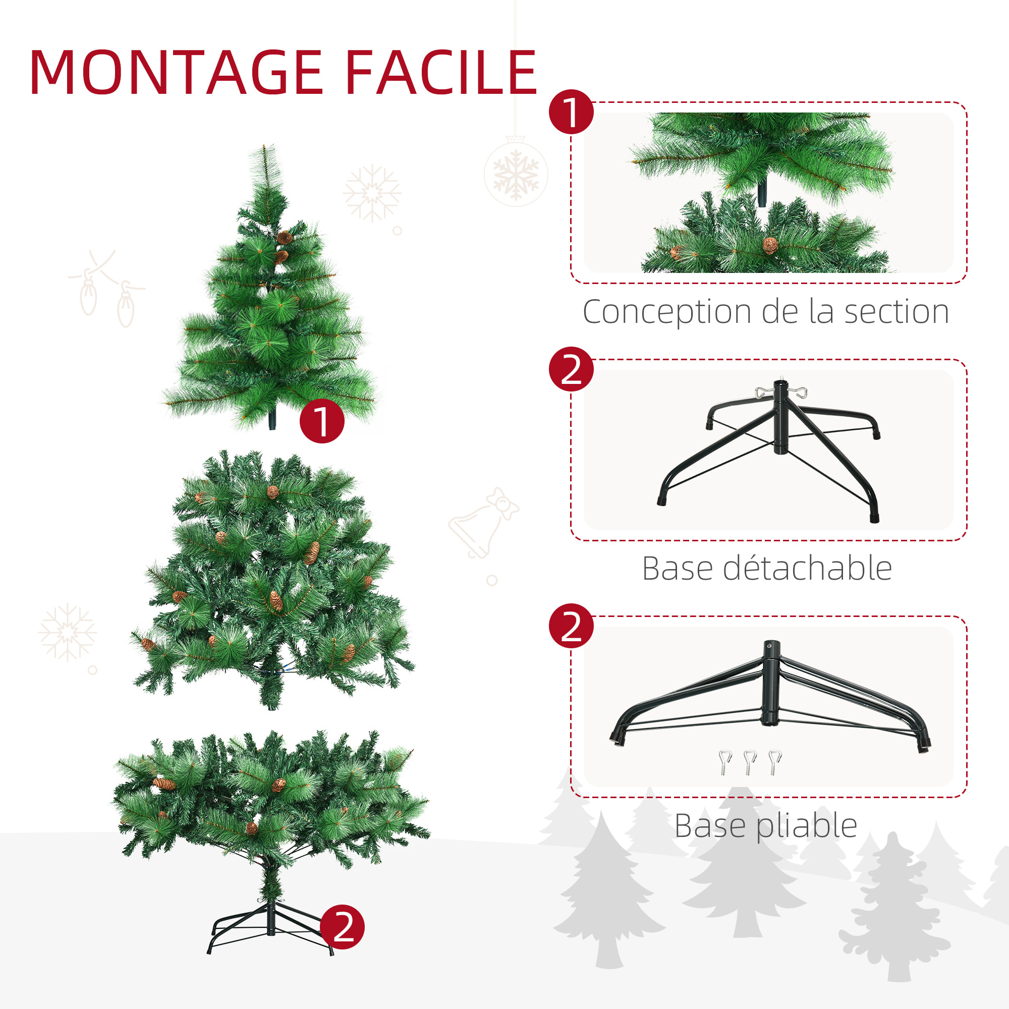 Sapin de Noël artificiel 782 branches épines grand réalisme avec pommes de pin - hauteur 180 cm vert