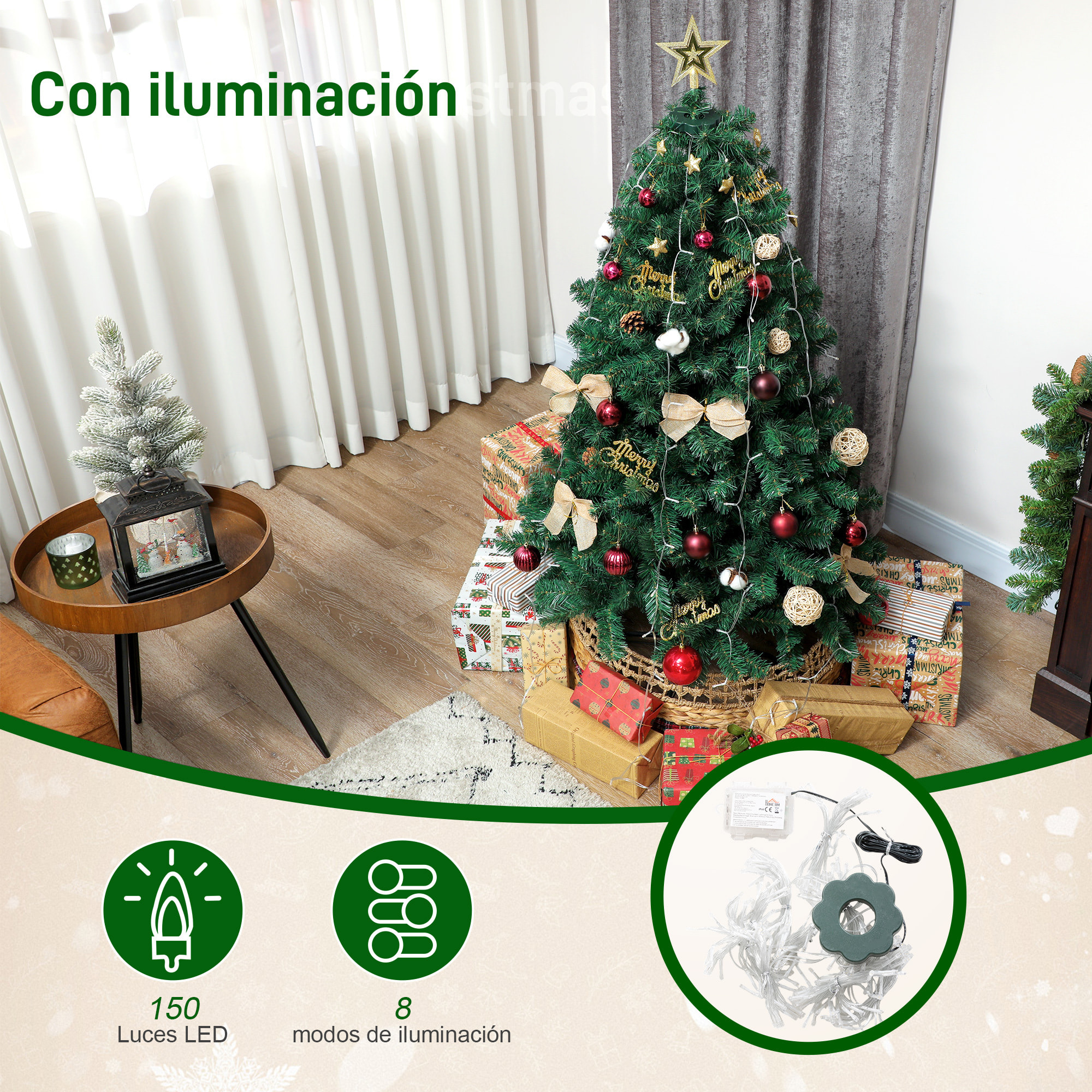 Árbol de Navidad 150 cm con Adornos, 150 Luces LED Blanco Cálido, Árbol de Navidad Decorado con 8 Modos de Iluminación, 480 Ramas, Soporte de Acero, Decoración para Hogar, Fiesta, Interior